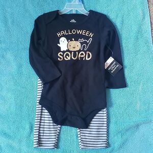 NWT Halloween 2 Piece Bodysuit Set Pumpkin Ghost Black Cat Sz 24M
